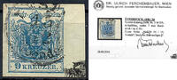 Österreich 1854 o - 9 Kreuzer Maschinenpapier - Nr.5 IIIb, lebhaftblau - Attest Dr. Ferchenbauer -
