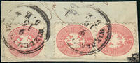 Österreich 1864 o, Brfstk. - 5 Kreuzer - Doppeladler im Oval - rosa - 3x auf Briefstück -