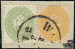 Österreich 1863 o, Brfstk. - 3 Kreuzer + 2 Kreuzer - Doppeladler im Oval - grün + gelb - Mischfrankatur mit 1863 -