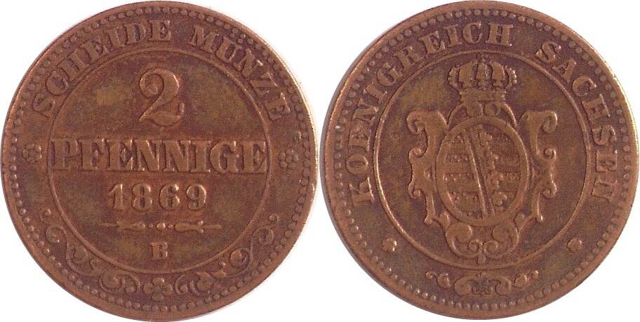 Deutschland/ Sachsen 2 Pfennige 1869 (B) Johann 1854-1873 Ss | MA-Shops