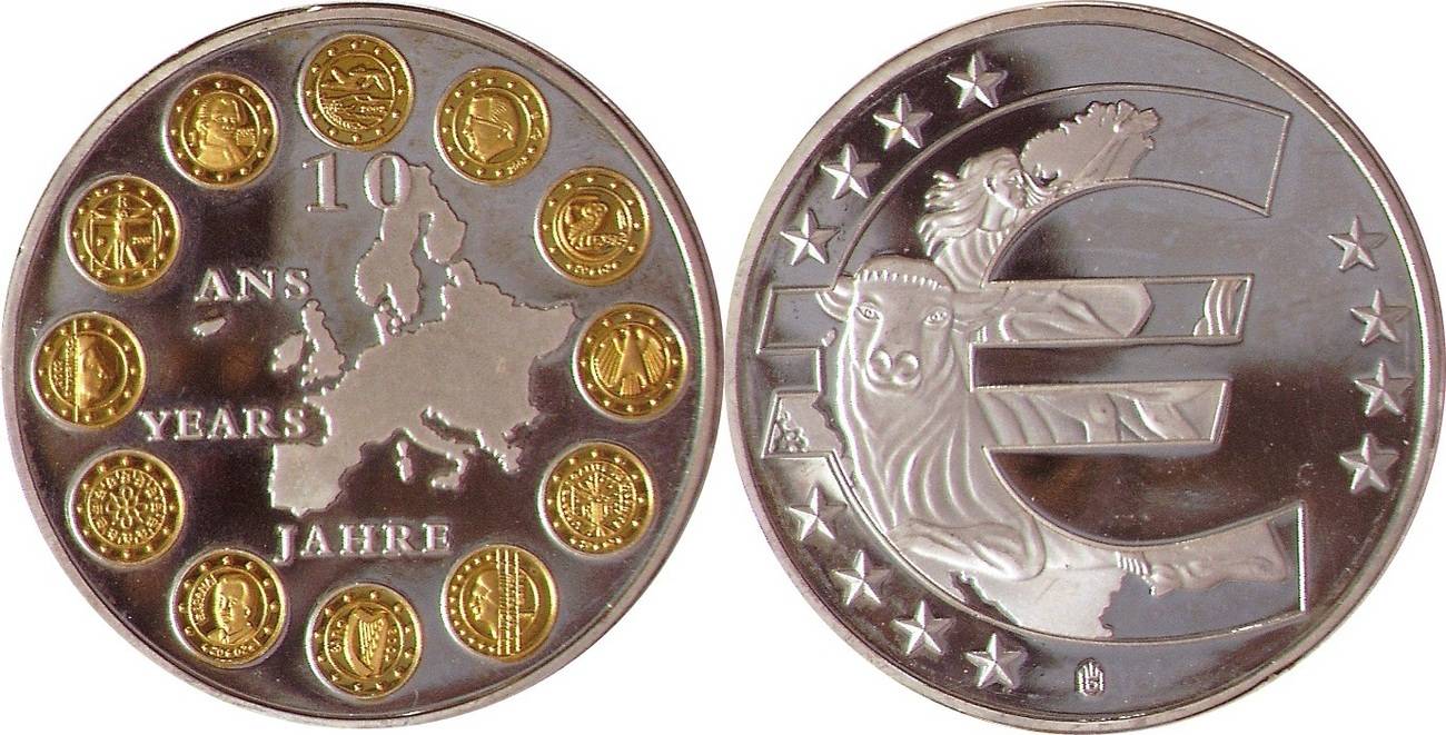 Medaille 10 Jahre Euro PP gekapselt, leicht berieben