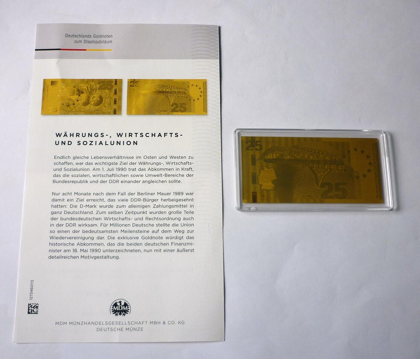 Deutschland/ Bundesrepublik Goldnote - Währungs-, Wirtschafts- und Sozialunion Lasergraviert ...
