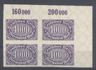 Deutschland vor 1945 Dt. Reich Mi.Nr. 255 U, 4000 Mark ungezähnt Viererblock Eckrand ** -