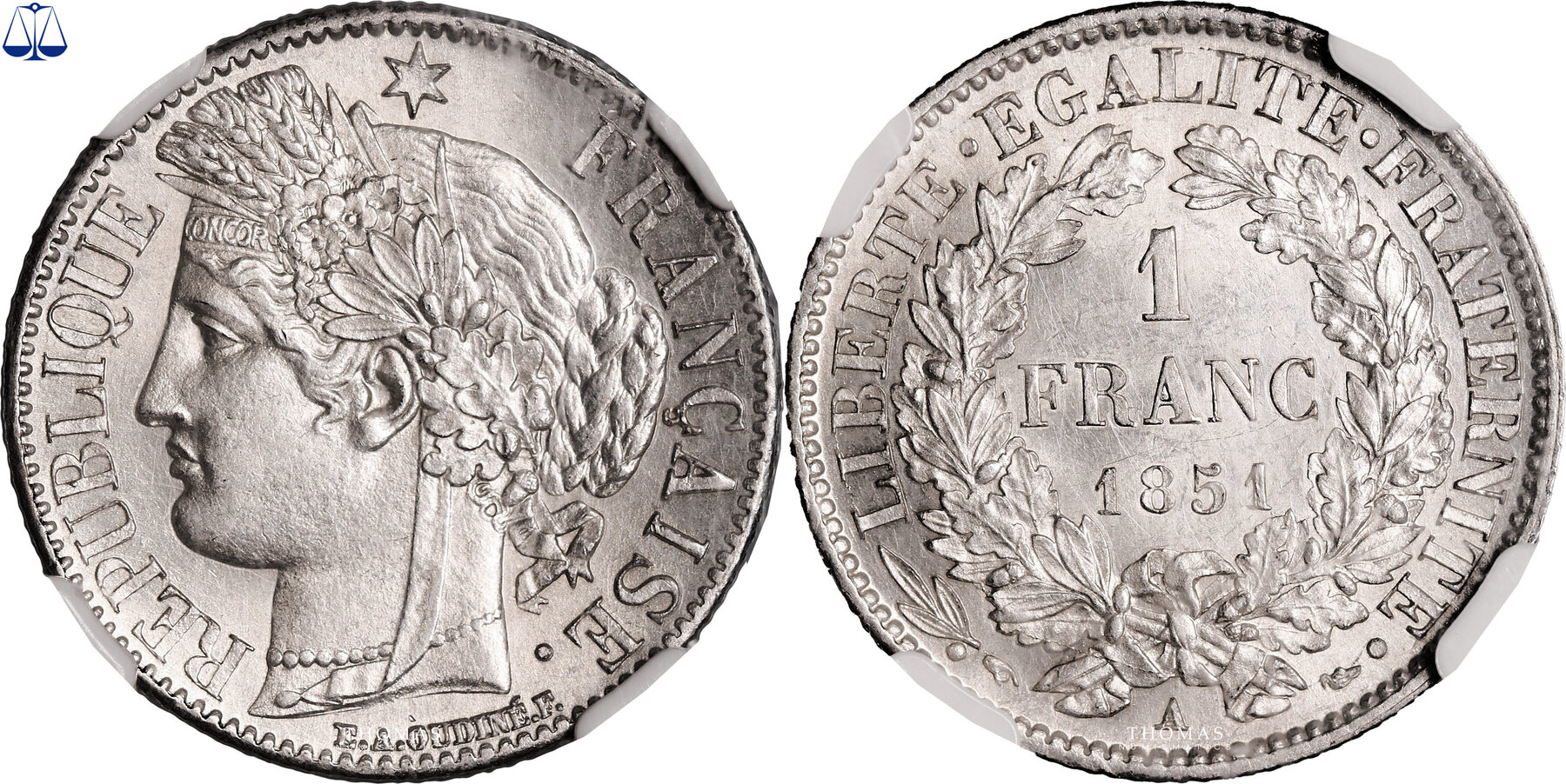 Cérès Coin France - 1 Franc 1851 A Paris Paris SUP+ / NGC MS 62 | MA-Shops
