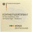 Deutschland 20 Euro 2020 F BRD, Heimische Vögel - Weißstorch, in Münzkapsel mit Zertifikat st