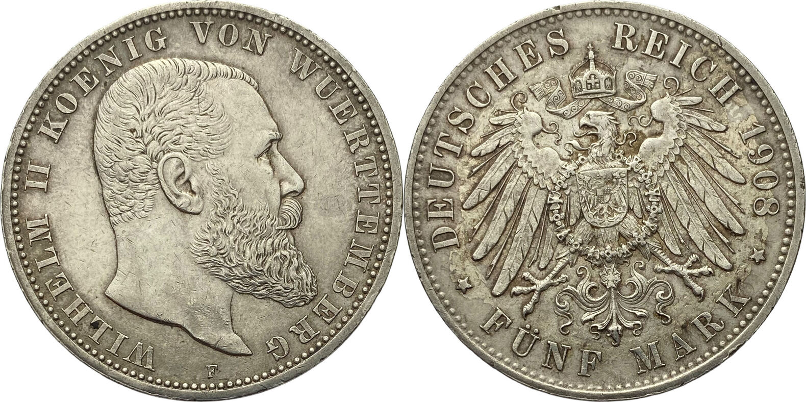 WURTTEMBERG 5 Mark 1908 F Wilhelm II F Stuttgart EF MA Shops wurttemberg-5-mark-1908-f-wilhelm-ii-f-stuttgart-ef-ma-shops