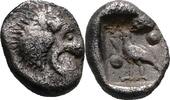 GREEK Mylasa (Caria) Tetartemorion Löwenkopf rechts / Vogel links, Kugeln im Feld oben links und unten rechts -