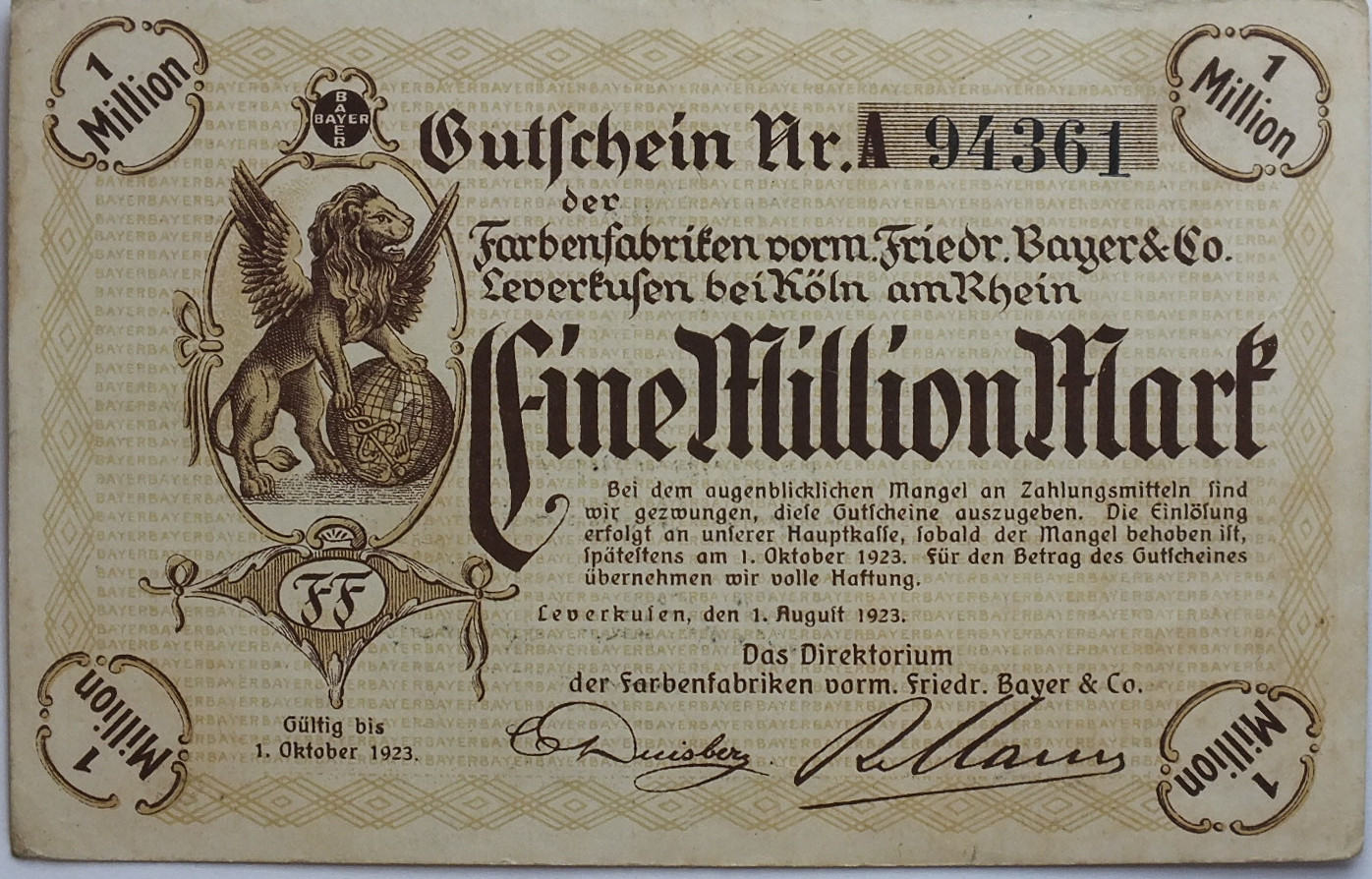 1 Million Mark Farbenfabriken Vorm Bayer Leverkusen Bayer Kn ~ 4 MM #12536 
