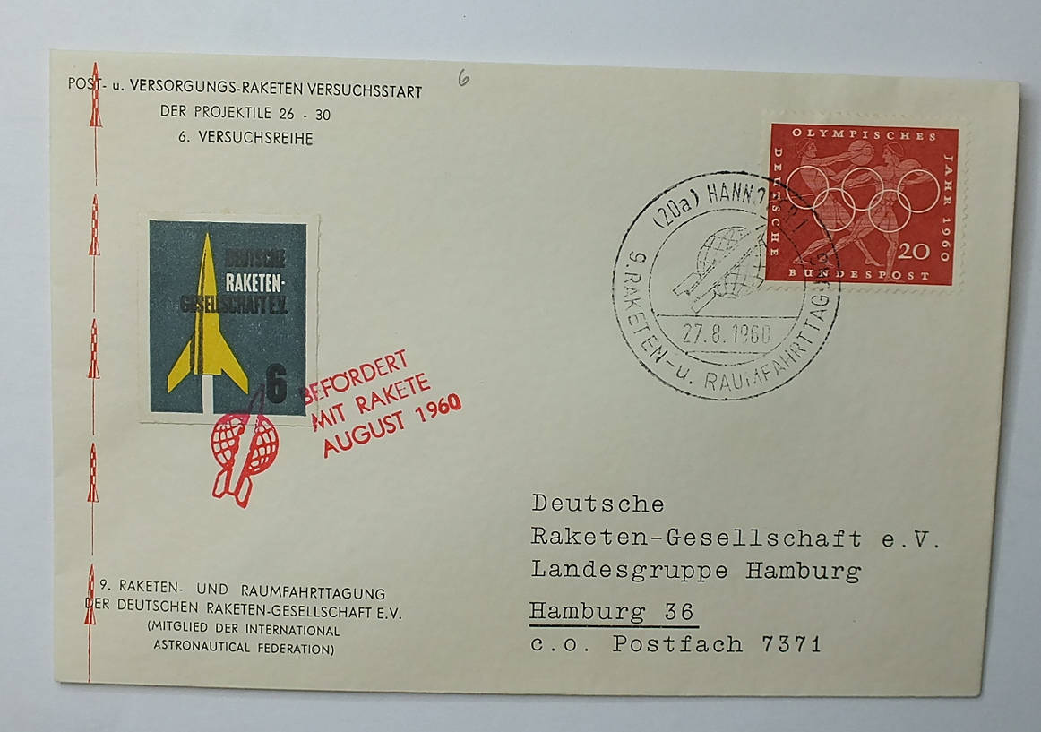 Bund Raketenpost 1960 Michel Nr 334 U Privatausgabe Deutsche Raketen Gesellschaft 6 Pf Sonderstempel Ma Shops