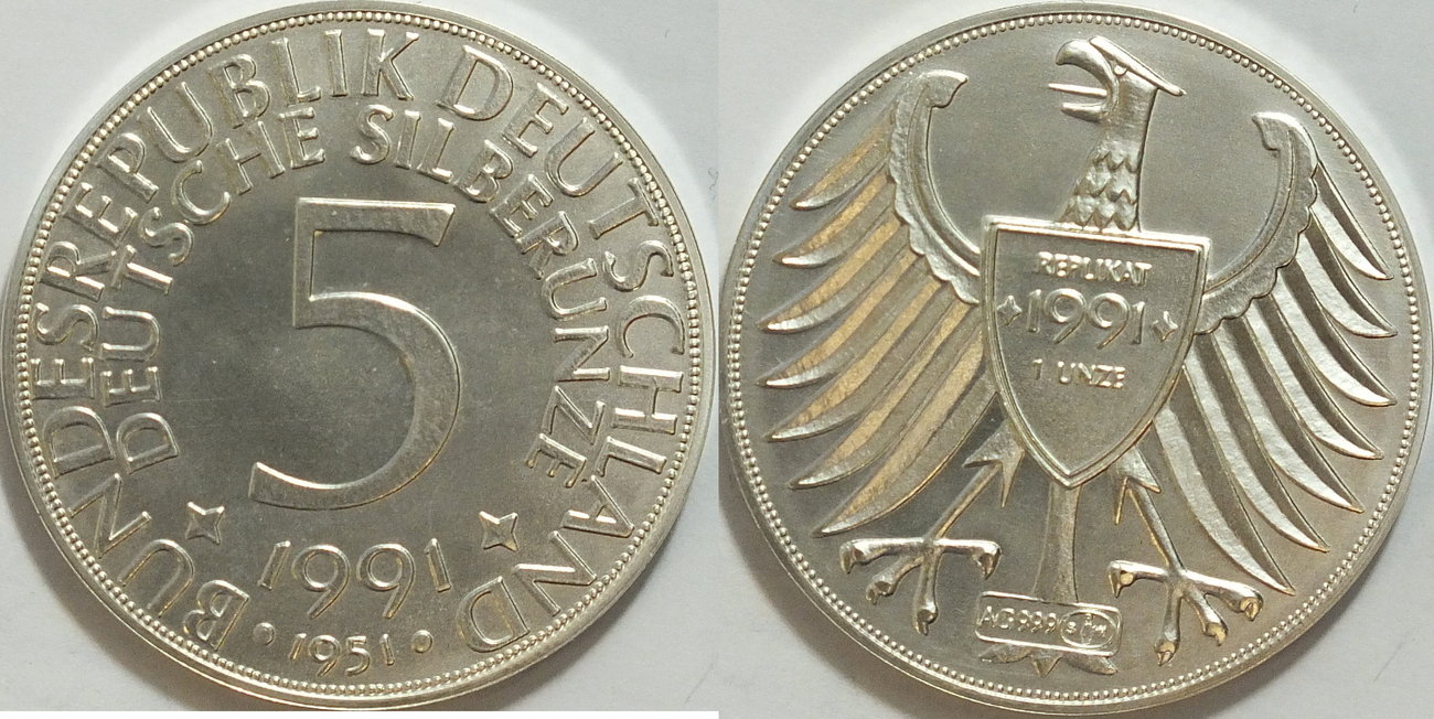 BRD 1991 1 Unze Silber als Nachprägung des 5 DM Stückes von 1951 st