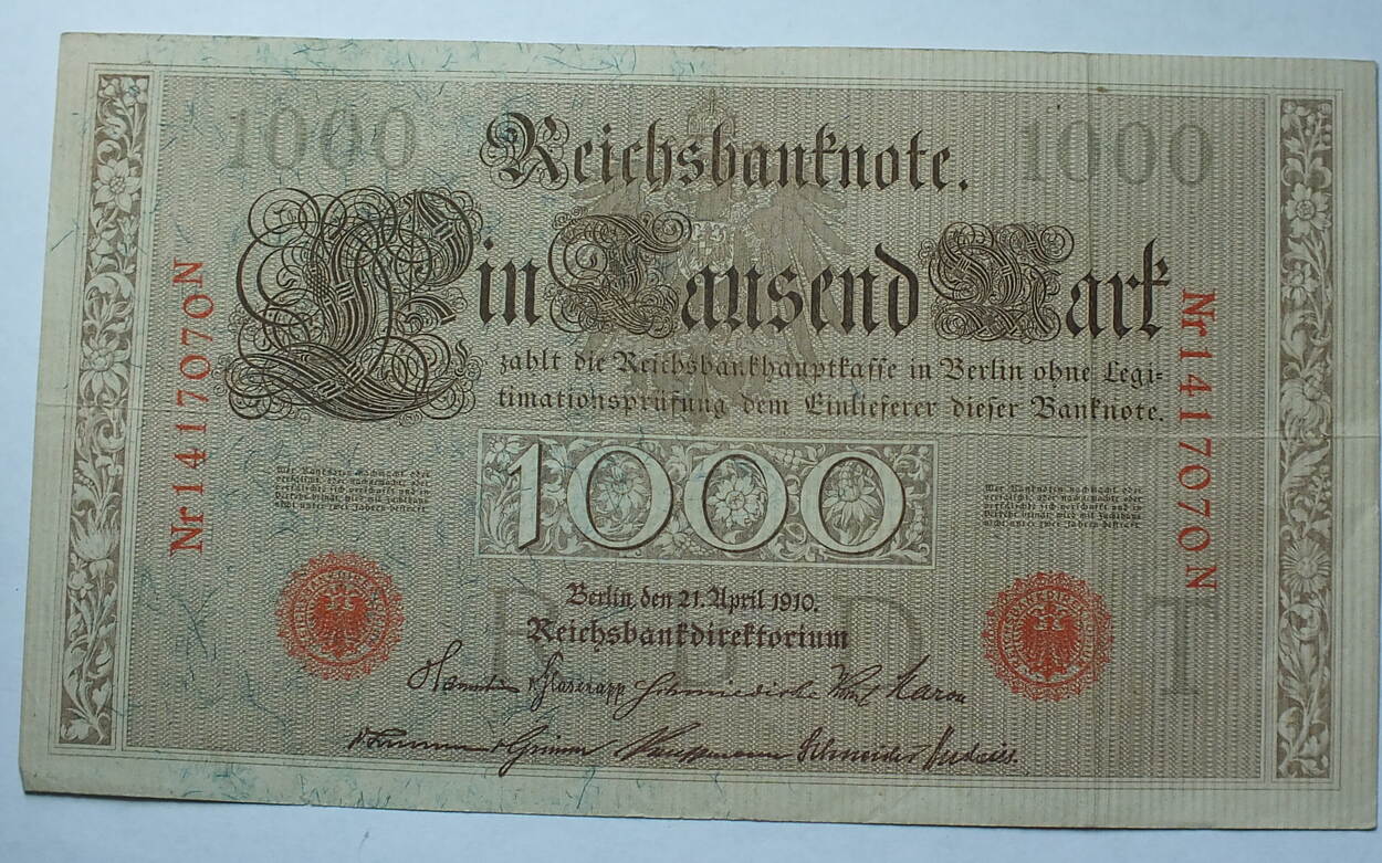 Reichsbanknote 1000 Mark 1910 Rotes Siegel Wert Kaiserreich 1000 Mark 1910 Rosenberg Nr. 45 b,rotes Siegel, Serie N