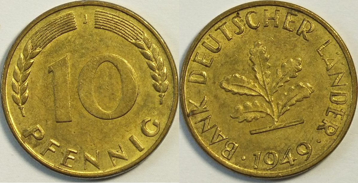 10 Pfennig 1949 J Bank Deutscher Länder Wert BRD 10 Pf 1949 J Bank deutscher Länder vz - st leichte Rostflecken | MA