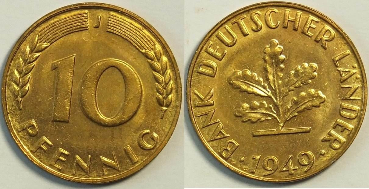10 Pfennig 1949 J Bank Deutscher Länder Wert BRD 10 Pf 1949 J Bank deutscher Länder vz - st | MA-Shops