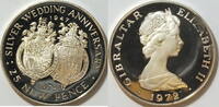 Gibraltar 25 Pence Silber Silberhochzeit Königin Elizabeth -