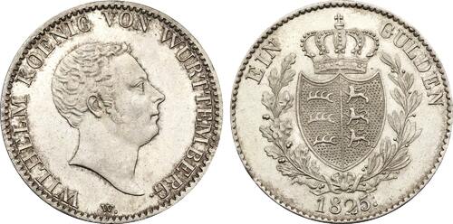 Germany Gulden 1825-W Württemberg. Wilhelm I, Stuttgart mint AU/UNC
