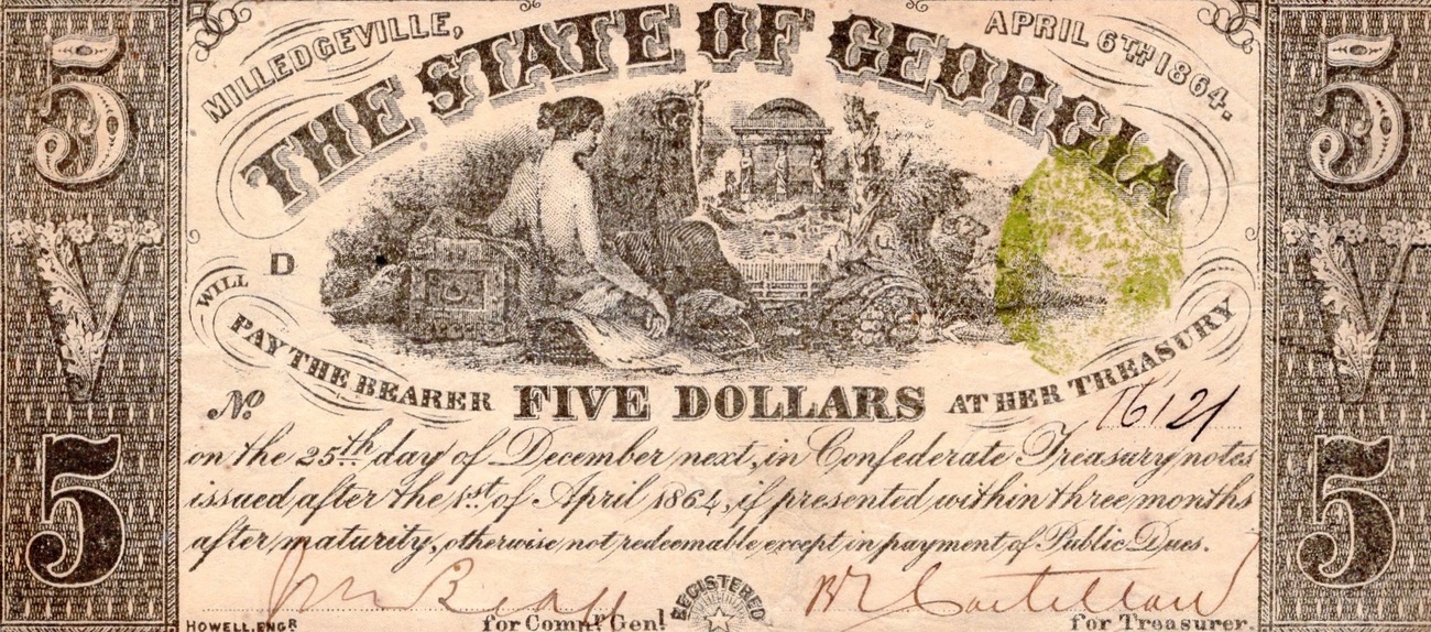 USA 1864 Confederate Milledgeville, Five Dollar Bill