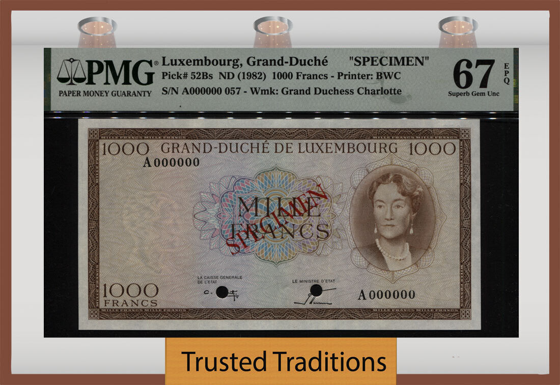 Welt Banknoten 1000 FRANCS 1982 TT PK 52Bs LUXEMBOURG SPECIMEN PMG 67