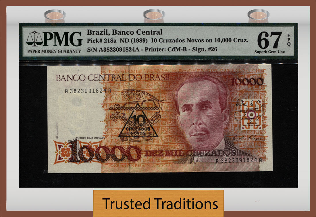 Welt Banknoten 10 CRUZADOS 1989 TT PK 218a BRAZIL NOVOS ON 10K CRUZ PMG welt-banknoten-10-cruzados-1989-tt-pk-218a-brazil-novos-on-10k-cruz-pmg
