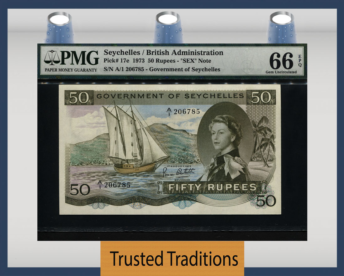 50 Rupees 1973 Seychelles Queen Elizabeth Ii Sex Note Pmg 66 Epq Gem Spectacular Note Highly