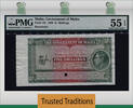 Welt Banknoten TT PK 12r MALTA 5/- SHILLINGS KING GEORGE VI RARE PMG 55 EPQ POP ONE! -