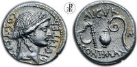 Roman Republic Denarius 46 BC ★ RR! M VARIANT ★ JULIUS CAESAR, CIVIL WAR UTICA, RRC 467/1b, Ceres, Emblems VZ