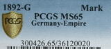 Kaiserreich 1 Mark 1892 G PCGS MS65