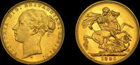 VICTORIA, 1880M AUSTRALIA GOLD SOVEREIGN FROM THE DOURO SHIPWRECK MS63