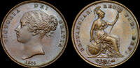 GREAT BRITAIN  VICTORIA, 1855 ORNAMENTAL TRIDENT, YOUNG HEAD COPPER PENNY, MS 63 BN