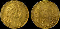 GREAT BRITAIN WILLIAM & MARY, 1691 GOLD FIVE GUINEAS, CONJOINED BUSTS, AU 53 -