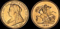 GREAT BRITAIN  VICTORIA 1893 GOLD FIVE POUNDS