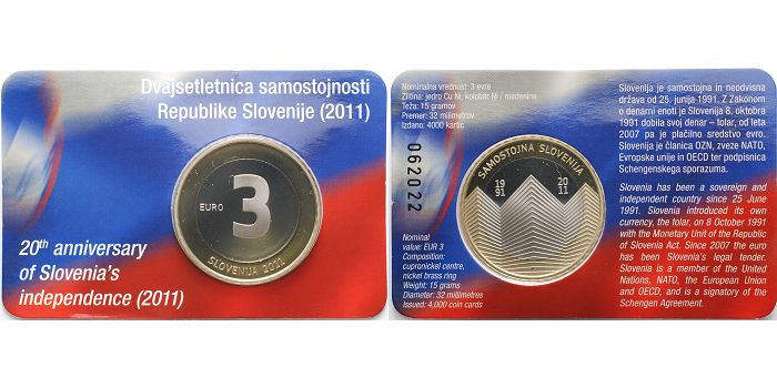 3 Euro 2011 Unabhängigkeit Slowenien 1991-2011 - vierte Euro Münze im  originalem Blister PP Coincard Bimetall