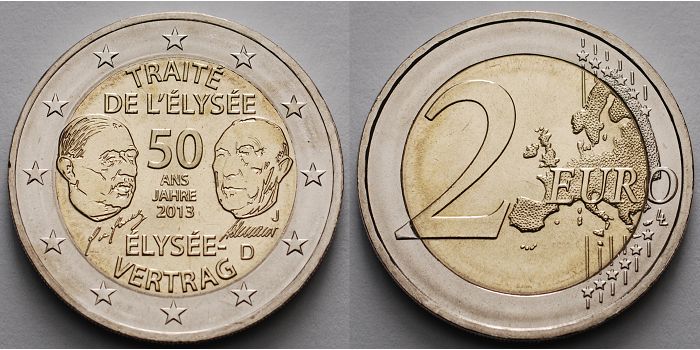 2 Euro Münze Elysee-vertrag 2013 Rf Wert Deutschland 2 Euro 2013 J 50 Jahre Élysée Vertrag, Prägestätte J stgl