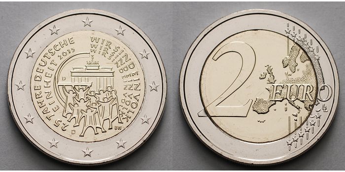 Piece 2 Euros 25 Jahre Deutsche 2015 Valeur Deutschland 2 Euro 2015 D 25 Jahre Deutsche Einheit, Prägestätte D stgl