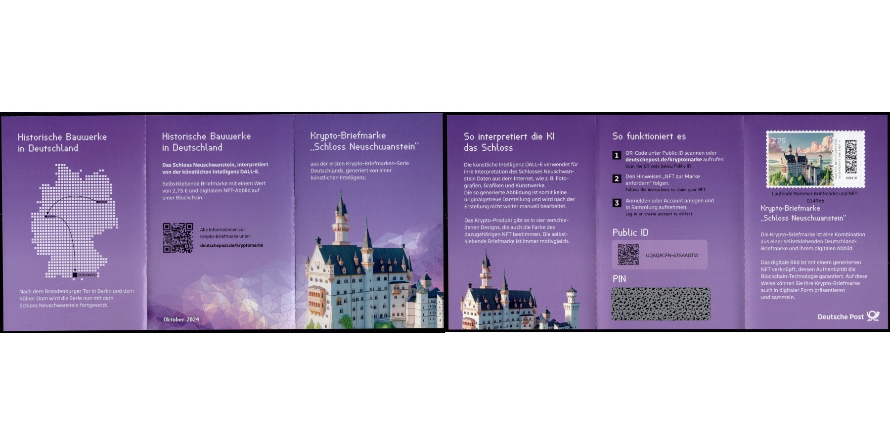 Deutschland - Einzelmarke selbstkl. xx 1 x 2,75 Cent im Markenheftchen  130B, geöffnet! 2024 Krypto-Briefmarke "Schl.Neuschwanstein in  lila" Booklet, Hist.Bauwerke! postfrisch - RAR ! SOFORT LIEFERBAR ! |  MA-Shops