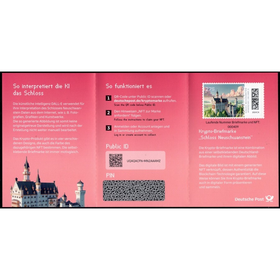 Deutschland - Einzelmarke selbstkl. xx 1 x 2,75 Cent im Markenheftchen  130D, geöffnet! 2024 Krypto-Briefmarke "Schl.Neuschwanstein in  pink" Booklet, Hist.Bauwerke! postfrisch - RAR ! SOFORT LIEFERBAR ! |  MA-Shops