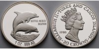 Turks- und Caicos Inseln 20 Crowns<br>1 oz Großer Tümmler, 999er Silber, ,<b> in Kapsel Bild