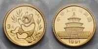 China 3 Yuan,<br>1,00g fein<br>10 mm Ø Panda mit Bambuszweig an Gewässer sitzend, original verpackt, <b>RAR !!!</b> -