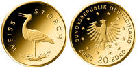 Deutschland 20 Euro<br> 3,89g<br> fein<br> 17,5 mm Ø Heimische Vögel, Weißstorch <br><b>Prägestätte G</b> / <b>lieferbar !!! </b> -