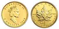 Kanada 1/10 oz<br>5 Dollar<br> 3,11g<br> fein<br> 16,5 Ø Maple Leaf 1/10 oz. Zuckerahornblatt 999,9er Gold, mit Privy Eagle,<b>1998</b> -