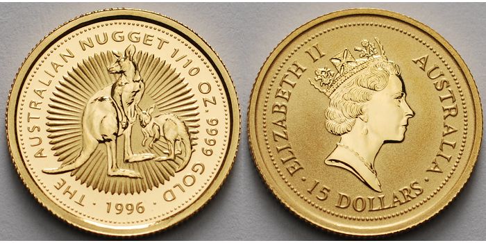 15 Dollar 1996 Australien 1/10 oz. Känguruh mit Jungtier / Nugget, ohne Münzzeichen Anlagegold
