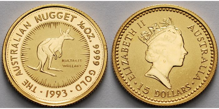 15 Dollar, 3,11g fein 1993 Australien 1/10 oz. Nagelschwanz Känguruh/ Kurznagel Känguruh / Nugget, ohne Münzzeichen Anlagegold