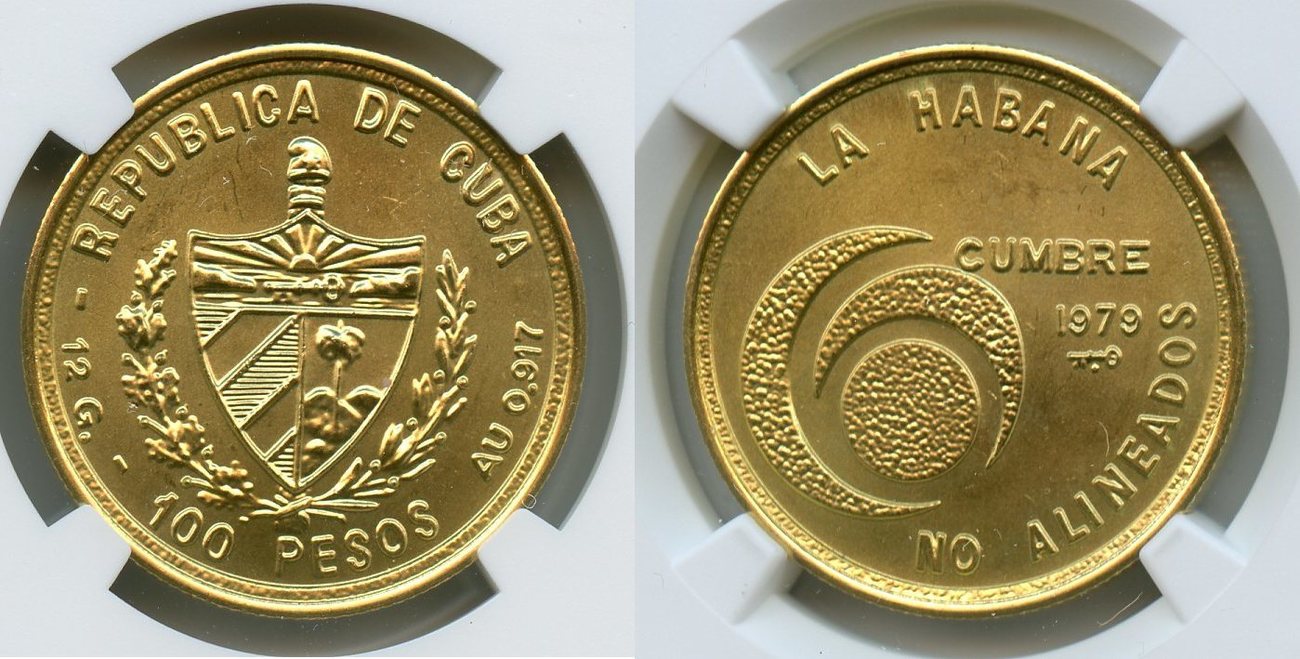G100P RARE CUBA GOLD 100 pesos 1979 Nonaligned Nations Mintage 2000 NGC