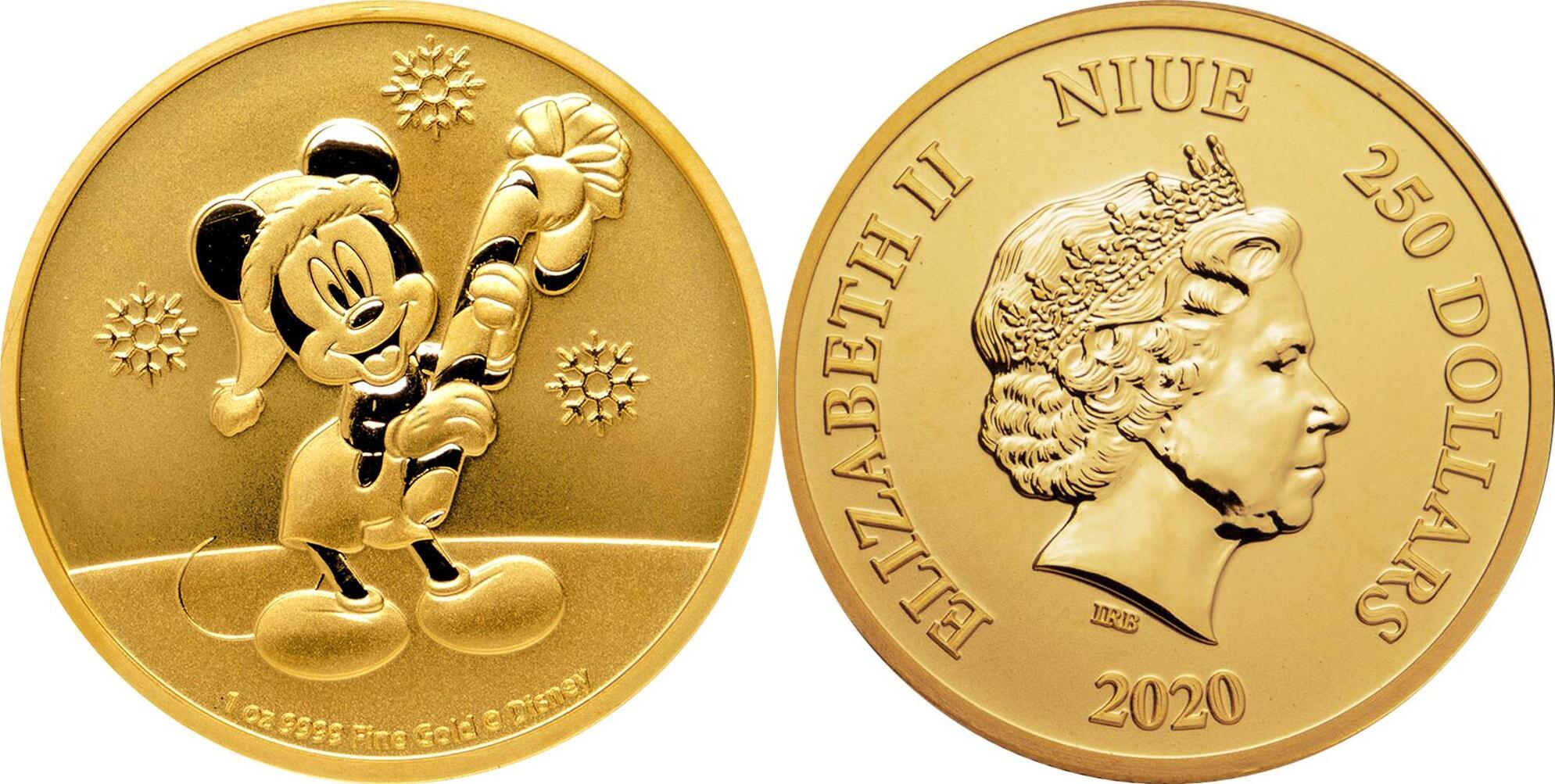 Niue 250 2020 1 oz Goldmünze Mickey Mouse Weihnachten ST