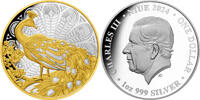 Niue 1$ 1 oz Silbermünze Pfau - Teilvergoldet -