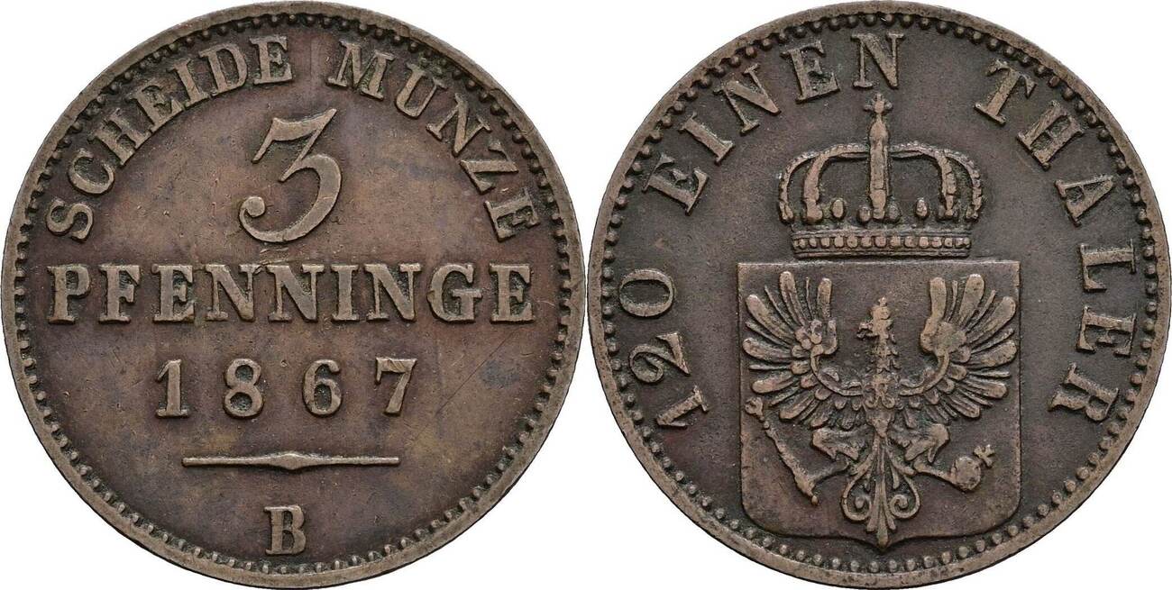 Preussen, Wilhelm I. 1861-1888 3 Pfennige 1867 B Ss | MA-Shops