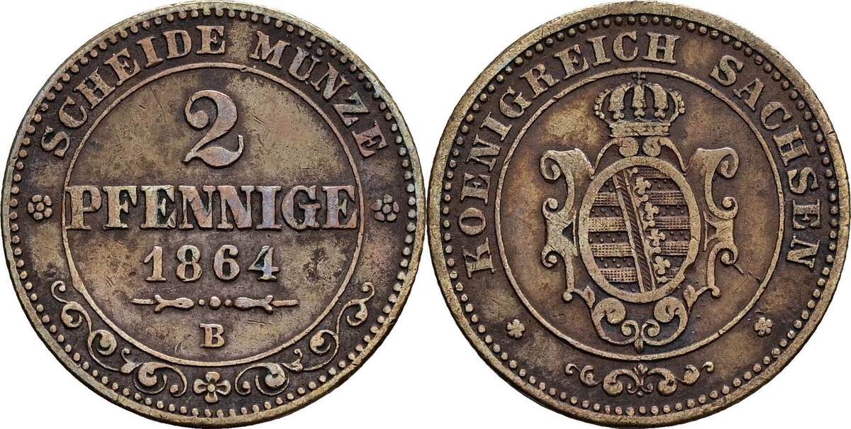 Sachsen, Johann 1854-1873 2 Pfennige 1864 B Ss | MA-Shops