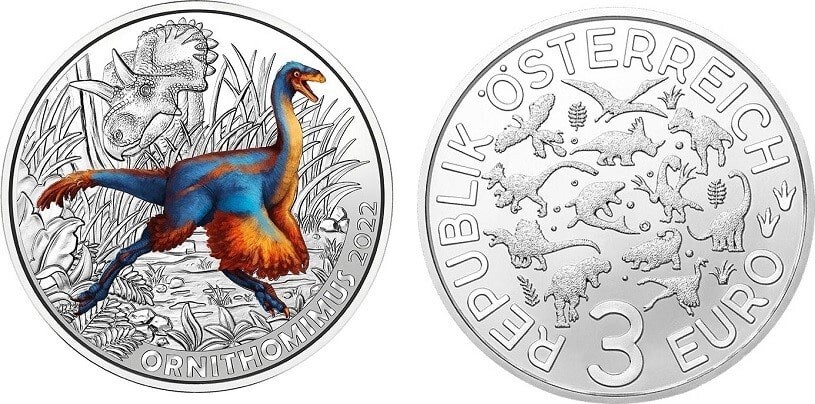 Pièce De Collection Autriche 3 Euros 2022 - Dinosaure Ornithomimus, Brillant Universel