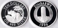 Zimbabwe Zimbabwe 1996 10 Dollar 'Wild life-Neushoorn' Zilver -