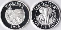 Zimbabwe Zimbabwe 1996 10 Dollar 'Wild-life Afrikaanse Olifant' Zilver -