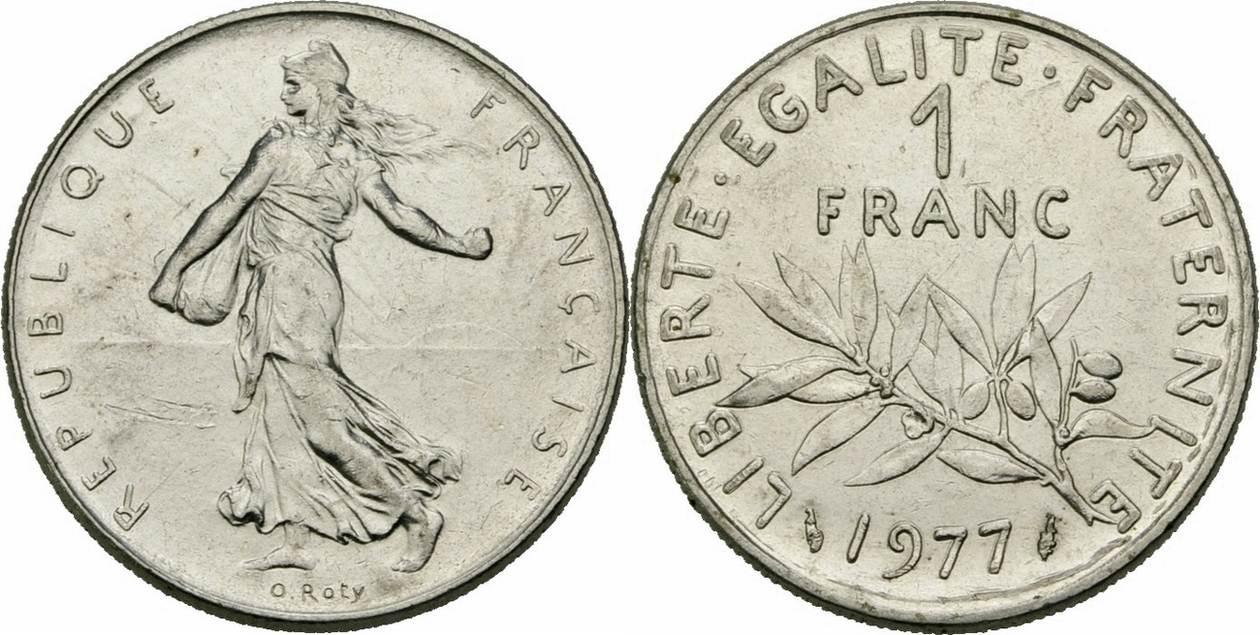 Frankreich 1 Franc 1977 Säerin Semeuse Soleil Seed Sower Sun France KM